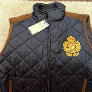 Ralph Lauren polo vest navy blue with brown leather trim- size M